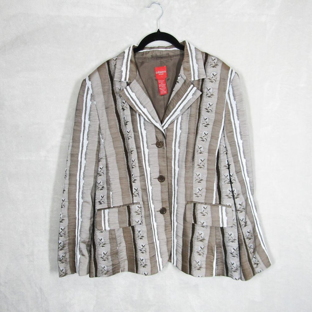 Olsen Europe Jacket Women's Large Brown Gray Lined Blazer Floral Stripe